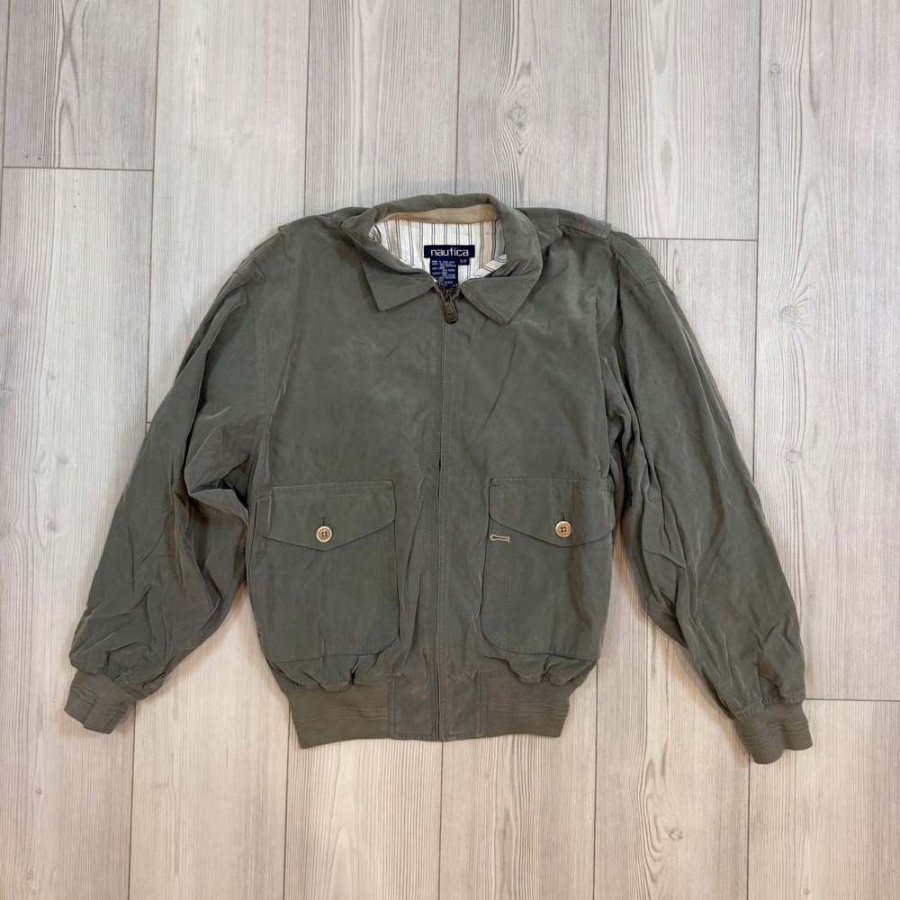 Nautica Vintage Bomber Jacket Olive Green Full Zip Pinstripe Lining Mens Small
